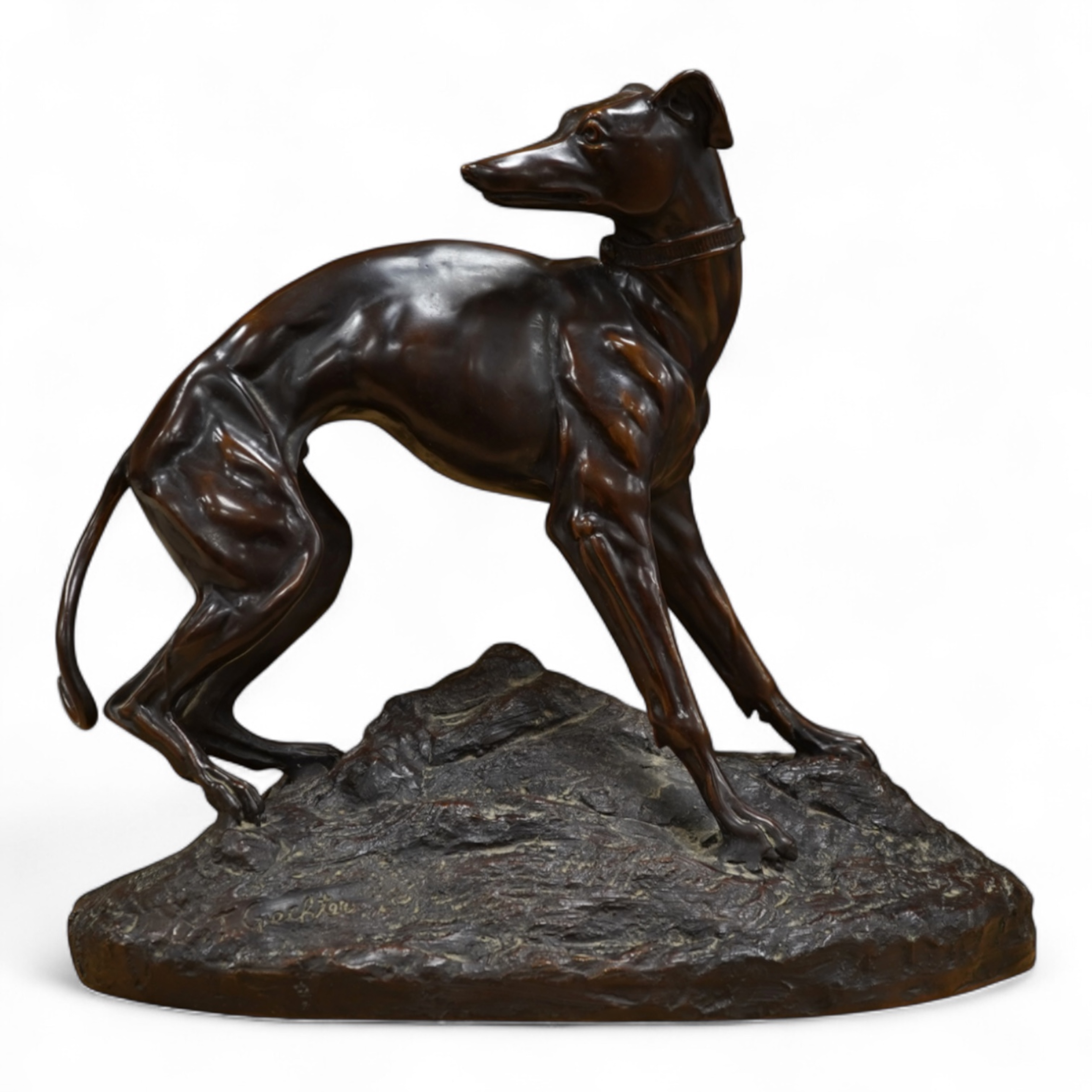 After Theodore Gechter, a model of bronze greyhound, 32cm wide x 29.5cm high